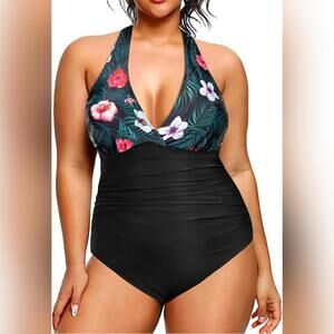 NWT Daci One Piece V Neck Tummy Control Ruched Halter Backless Swimsuit, 24W